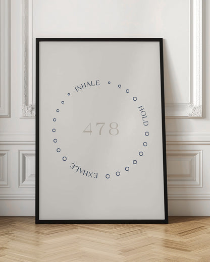 A framed minimalist poster illustrating the 4-7-8 breathing technique. A circle of blue dots on an off-white background contains the light gray numbers '478', with the words 'INHALE', 'HOLD', and 'EXHALE' written in blue along the circle's path. Wall Art