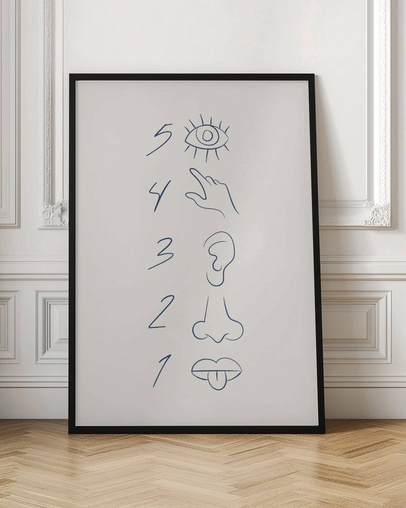 A minimalist line drawing in a black frame, featuring the numbers 5 through 1 in a vertical column. Beside each number is a corresponding sense organ: an eye for 5 (sight), a hand for 4 (touch), an ear for 3 (hearing), a nose for 2 (smell), and a mouth with a tongue out for 1 (taste). The art is drawn in dark blue on an off-white background. Artwork