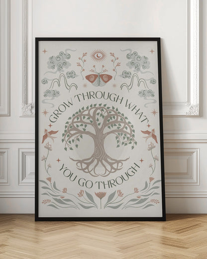 A bohemian-style inspirational poster with the quote 'Grow through what you go through' encircling a central Tree of Life. The artwork features mystical elements like a moth, sun, mountains, and birds in a muted color palette of sage green, dusty rose, and taupe on a cream background. Decor