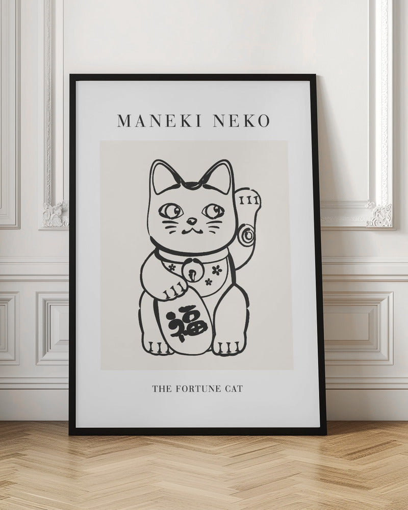 A minimalist framed poster featuring a black line drawing of a Maneki Neko, the Japanese fortune cat, on a cream background. The cat has one paw raised in a beckoning gesture. Text above the illustration reads 'MANEKI NEKO', and below it reads 'THE FORTUNE CAT'. Poster