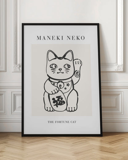 A minimalist framed poster featuring a black line drawing of a Maneki Neko, the Japanese fortune cat, on a cream background. The cat has one paw raised in a beckoning gesture. Text above the illustration reads 'MANEKI NEKO', and below it reads 'THE FORTUNE CAT'. Poster