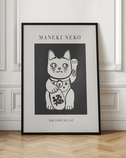 A modern black and white art print of a Japanese Maneki Neko, or fortune cat. The stylized white cat is set against a dark gray background, with the text 'MANEKI NEKO' above and 'THE FORTUNE CAT' below, all enclosed in a thin black frame. Artwork