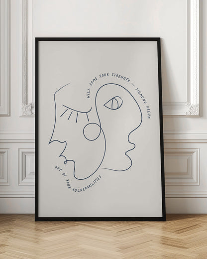 A minimalist line art poster in a black frame, featuring two abstract faces drawn with a single continuous dark blue line. The quote 'Will come your strength out of your vulnerabilities - Sigmund Freud' is written along the line of the drawing on an off-white background. Poster