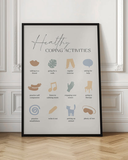 A minimalist poster titled 'Healthy Coping Activities' in a black frame. The poster lists 12 activities with simple, muted-color icons above each description. Activities include 'talking to a friend,' 'going for a walk,' 'practice self compassion,' 'listen to calming music,' 'practice mindfulness,' 'petting an animal,' and 'plenty of rest.' Decor