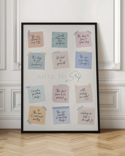 A framed poster titled 'NOTE TO Self' featuring a collection of twelve colorful sticky notes with handwritten positive affirmations. The notes, in pastel shades of pink, blue, green, and tan, include messages like 'Small steps are also progress,' 'Be kind to yourself,' and 'You are loved and worthy.' Wall Art