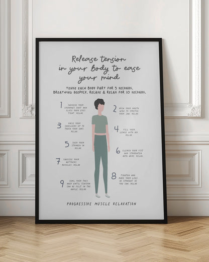 A framed informational poster on a white background detailing the steps for progressive muscle relaxation. Titled 'Release tension in your body to ease your mind,' it features a central illustration of a person in green clothing. Nine numbered steps with instructions for tensing and relaxing different muscle groups, from eyebrows to toes, surround the figure. Decor