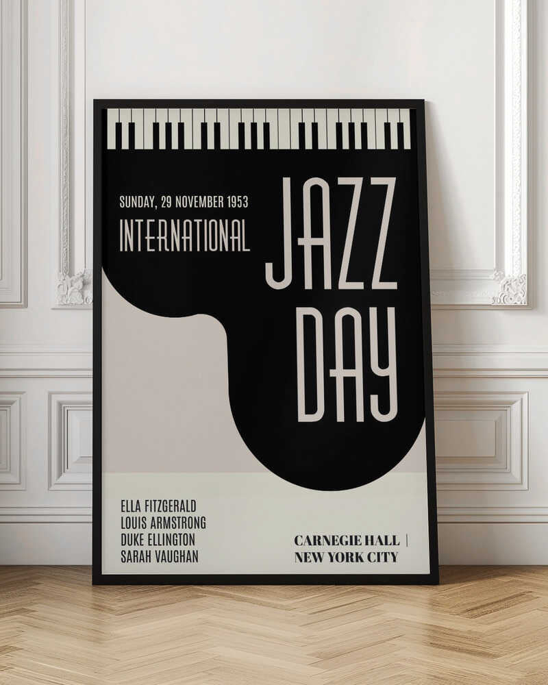 A vintage-style black and cream poster for 'International Jazz Day' dated Sunday, 29 November 1953. The poster features a strip of piano keys at the top and lists performers Ella Fitzgerald, Louis Armstrong, Duke Ellington, and Sarah Vaughan. The event location is Carnegie Hall, New York City. Poster