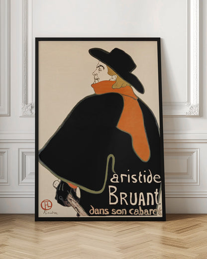 A vintage art poster by Henri de Toulouse-Lautrec for Aristide Bruant's cabaret. It features a graphic illustration of a man in a large black cape, a wide-brimmed black hat, and a bright orange scarf, set against a plain, off-white background. Artwork
