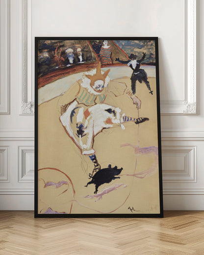 A vintage painting by Henri de Toulouse-Lautrec titled 'The Clown Chau-u-kao with a Pig'. The artwork shows a clown in a white costume with a pointed hat and ruffled collar in a circus ring, performing with a small black pig. In the background, another performer and an audience can be seen. Poster
