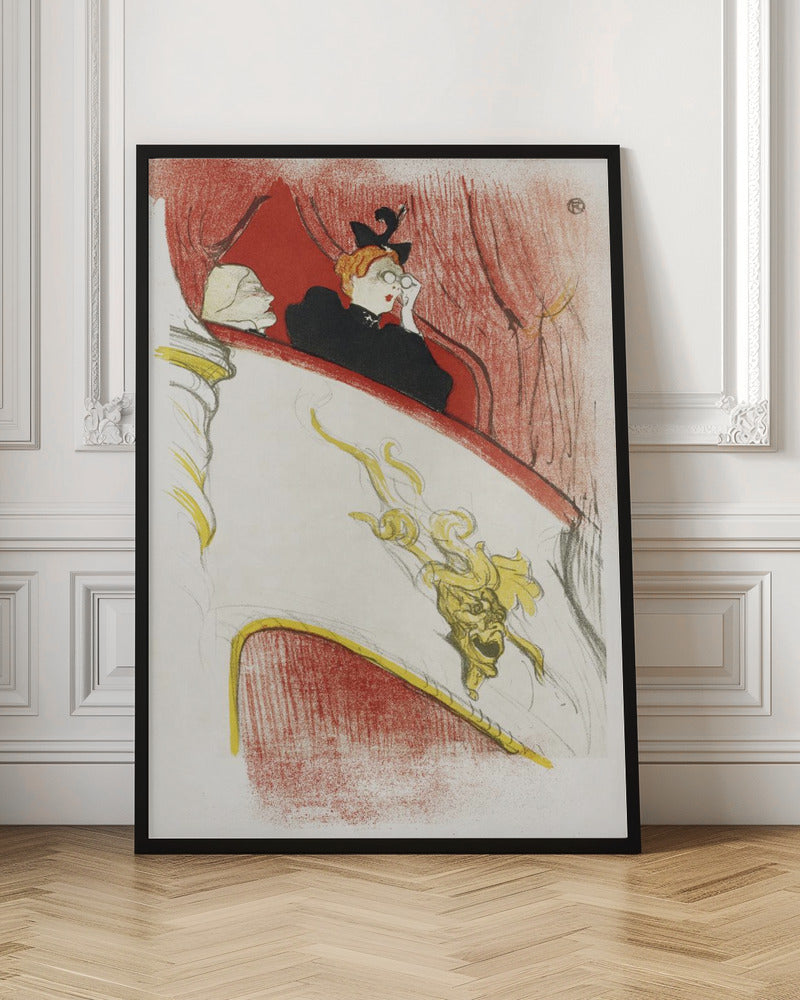 A vintage Art Nouveau illustration by Toulouse-Lautrec, 'La Loge au Mascaron Doré', depicting two women in a theater box. One woman with red hair and a black hat looks through opera glasses. The white box is adorned with a detailed golden grotesque mask, with red curtains in the background. The style is sketchy and expressive. Print