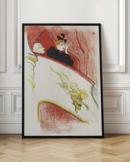 A vintage Art Nouveau illustration by Toulouse-Lautrec, 'La Loge au Mascaron Doré', depicting two women in a theater box. One woman with red hair and a black hat looks through opera glasses. The white box is adorned with a detailed golden grotesque mask, with red curtains in the background. The style is sketchy and expressive. Print