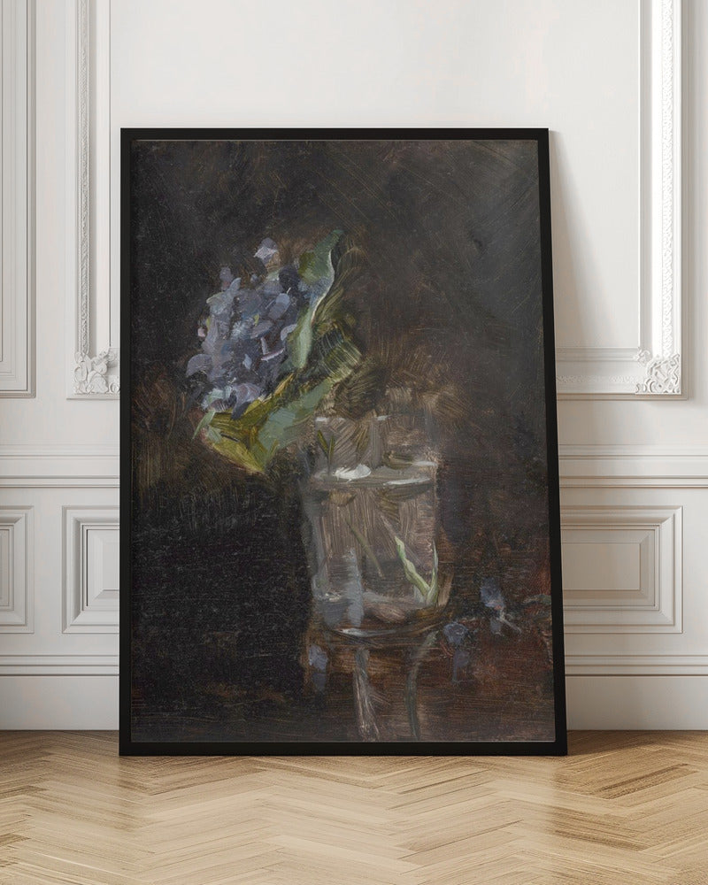 A moody, impressionistic still life oil painting of a cluster of purple flowers and green leaves in a clear glass of water, set against a dark, textured brown background. Wall Art