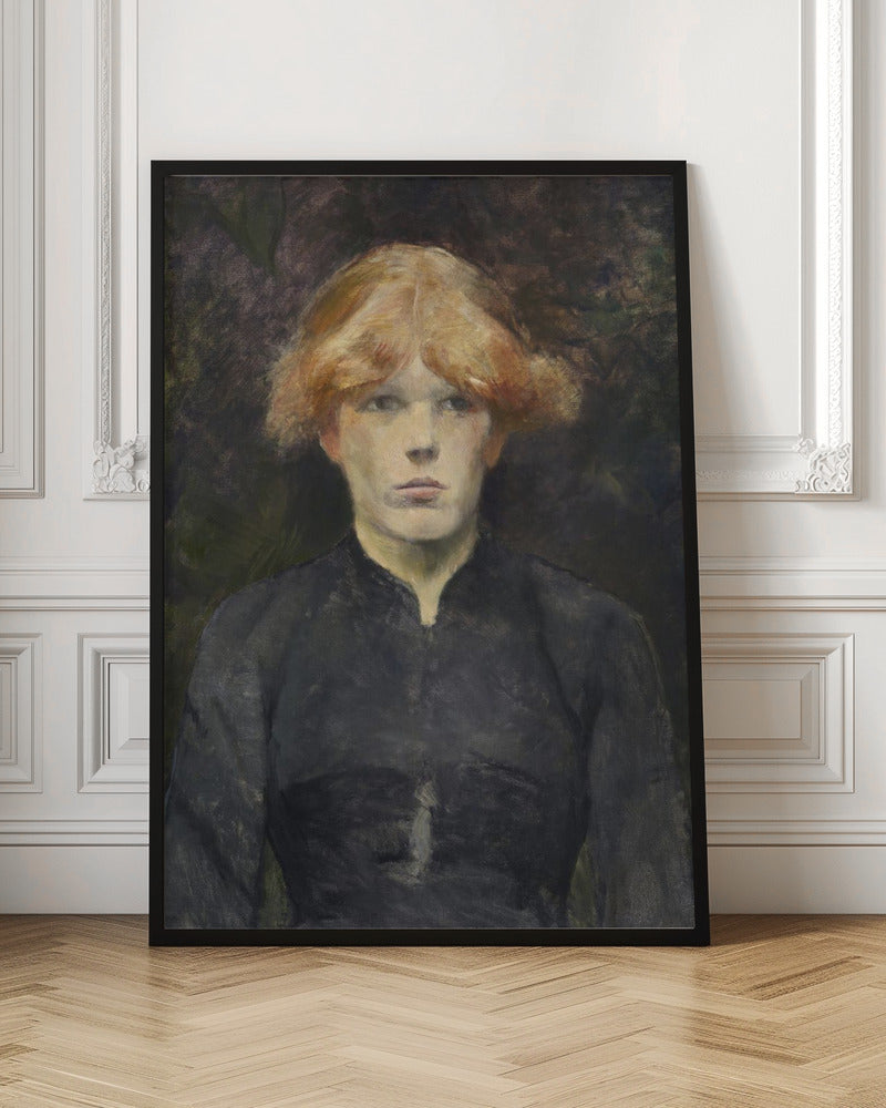 A painterly portrait of a young person with fair skin and striking reddish-blonde hair, looking directly at the viewer with a neutral expression. They are dressed in a simple, dark, high-collared garment against a dark, moody, and abstract background. Poster