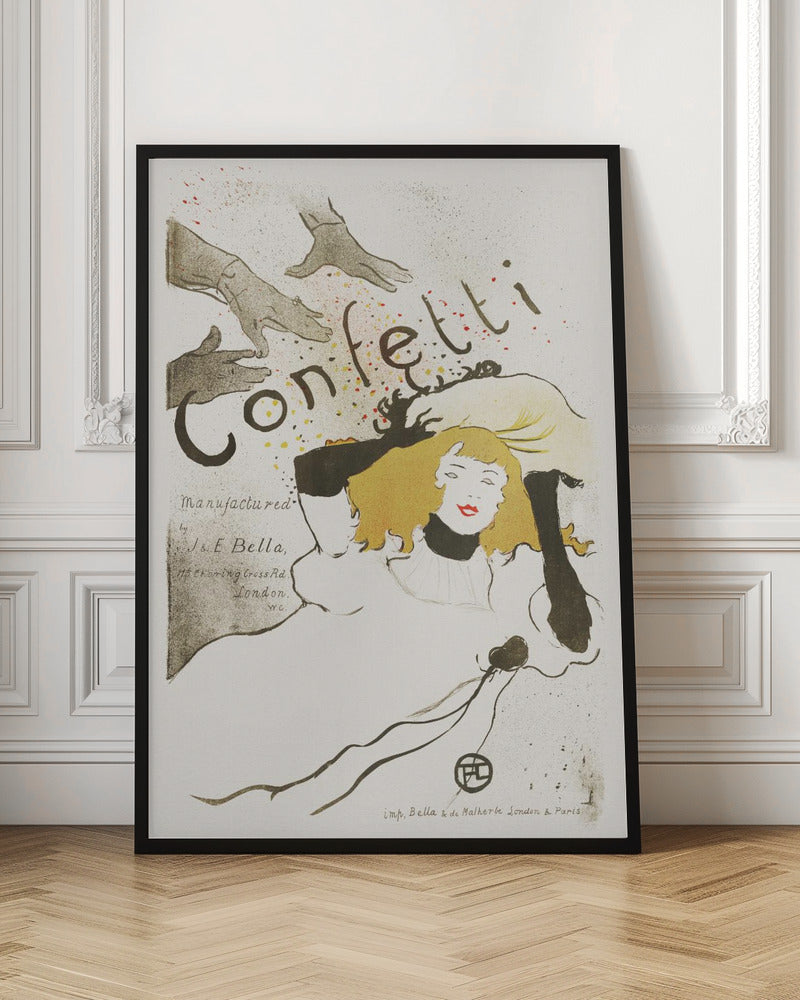 A vintage Art Nouveau poster by Henri de Toulouse-Lautrec advertising 'Confetti'. The illustration features a woman with blonde hair and red lipstick, wearing black gloves, looking up as hands above her shower her with colorful confetti. The background is a light cream color with black text. Poster