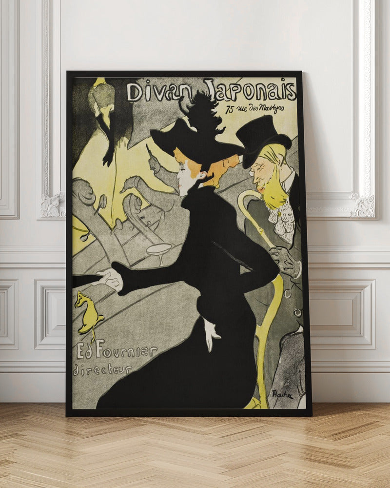 Vintage Art Nouveau poster by Henri de Toulouse-Lautrec for 'Divan Japonais'. It depicts elegant spectators, including Jane Avril in a striking black dress and hat, watching a performance by Yvette Guilbert on stage. The style features bold black outlines and a limited palette of yellow, black, and gray. Artwork