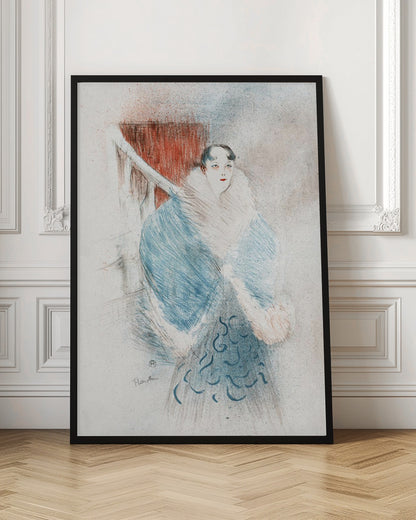 A vintage sketch-style artwork of a woman with dark hair and red lipstick, wearing an elegant, oversized blue coat with a large white fur collar. The background is muted with a prominent red rectangular shape. Artwork