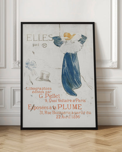 A vintage French poster from 1896 by Toulouse-Lautrec for the 'Elles' lithograph exhibition. It features a woman in a blue dress, seen from the back, against a light background with French text in red and grey. Wall Art