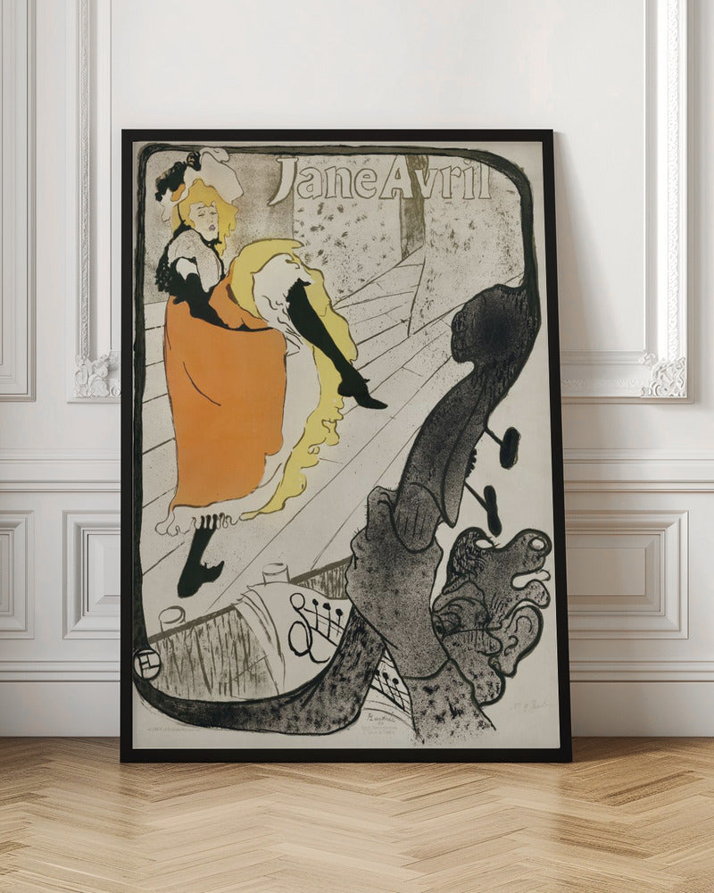A vintage Art Nouveau poster by Henri de Toulouse-Lautrec for the dancer Jane Avril. It depicts her on a stage in a vibrant orange dress and yellow petticoat, kicking her leg high. The perspective is from the orchestra pit, with the neck of a double bass dominating the foreground. Artwork
