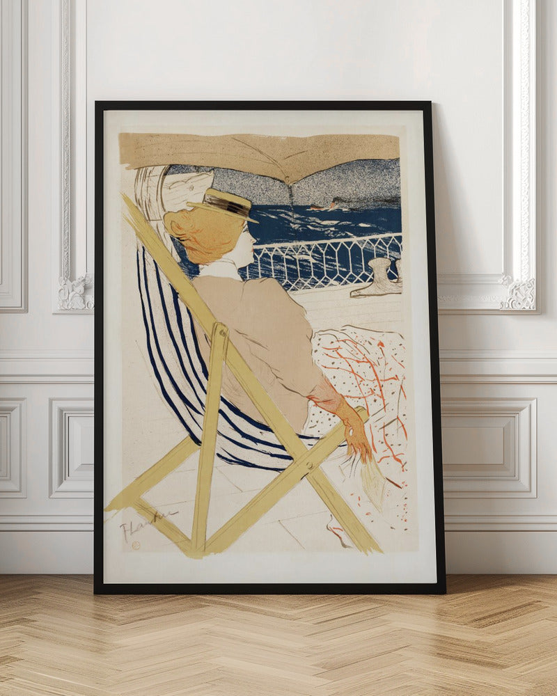 A vintage Art Nouveau print by Henri de Toulouse-Lautrec, 'The Passenger in Cabin 54', depicting a woman in a hat and beige dress, relaxing in a striped deck chair on a ship and gazing out at the deep blue ocean. Artwork