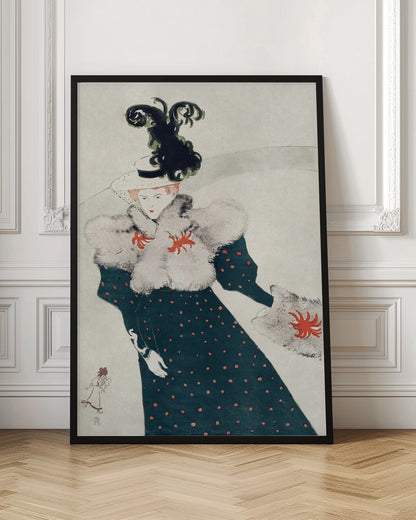 An Art Nouveau illustration of a woman in elegant finery. She wears a dark teal, red polka-dotted dress with a fluffy white fur stole and muff, both accented with red floral-like designs. Her white hat is adorned with a large, elaborate black plume. The background is a simple, light gray, emphasizing her fashionable silhouette. Artwork