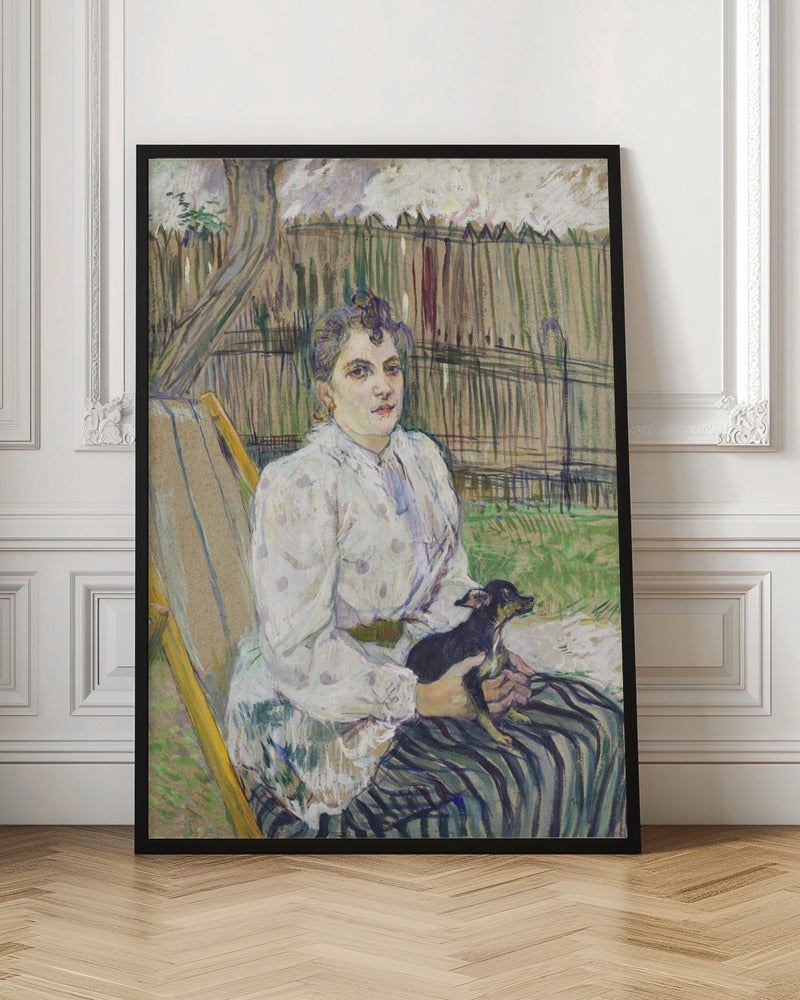 An impressionistic painting of a woman with her hair styled up, wearing a white polka-dot dress, sitting in a garden chair and holding a small black dog on her lap. Behind her is a tall wooden fence and trees. Print