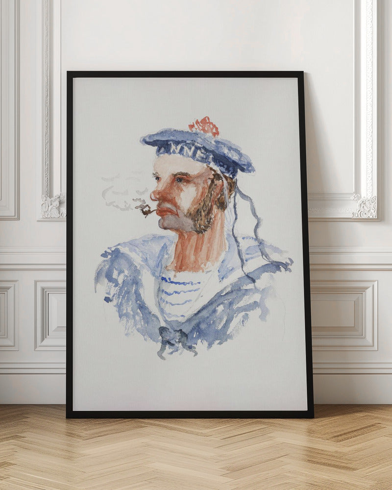 A watercolor portrait of a bearded sailor in profile, wearing a blue hat with a red pom-pom and a blue and white striped shirt. He is smoking a pipe, with wisps of smoke floating away, all set against a white background and enclosed in a black frame. Print