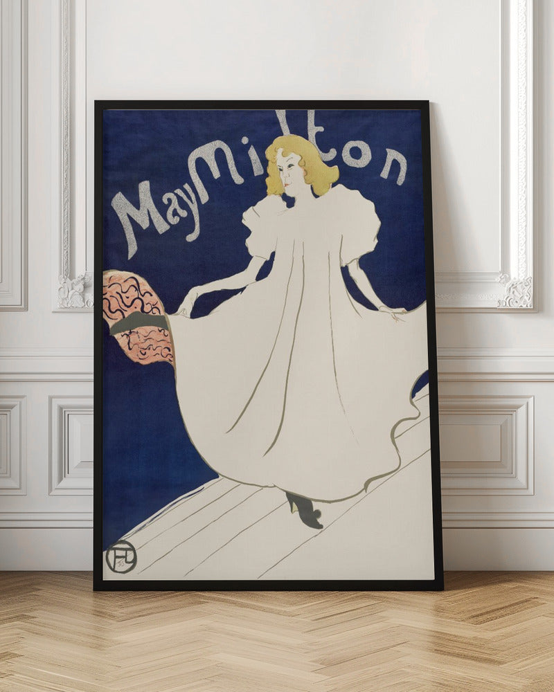 An Art Nouveau poster by Henri de Toulouse-Lautrec for the dancer May Milton. A blonde woman in a voluminous white dress stands on a stage against a deep blue background, looking back at the viewer. She lifts her skirt to reveal a pink and black lining. The name 'May Milton' is written in a stylized silver font. Wall Art