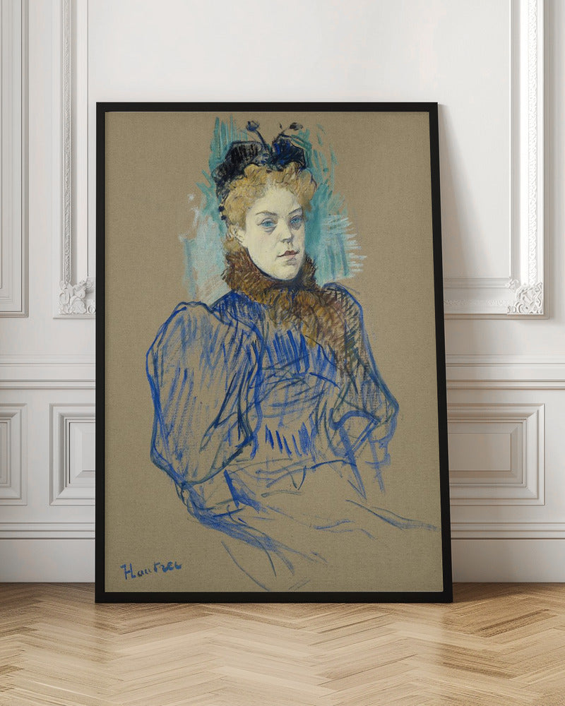 A portrait sketch by Henri de Toulouse-Lautrec of a woman with curly blonde hair and a black hat. She wears a blue dress with large sleeves and a brown fur collar, rendered in expressive pastel strokes on tan paper. Wall Art