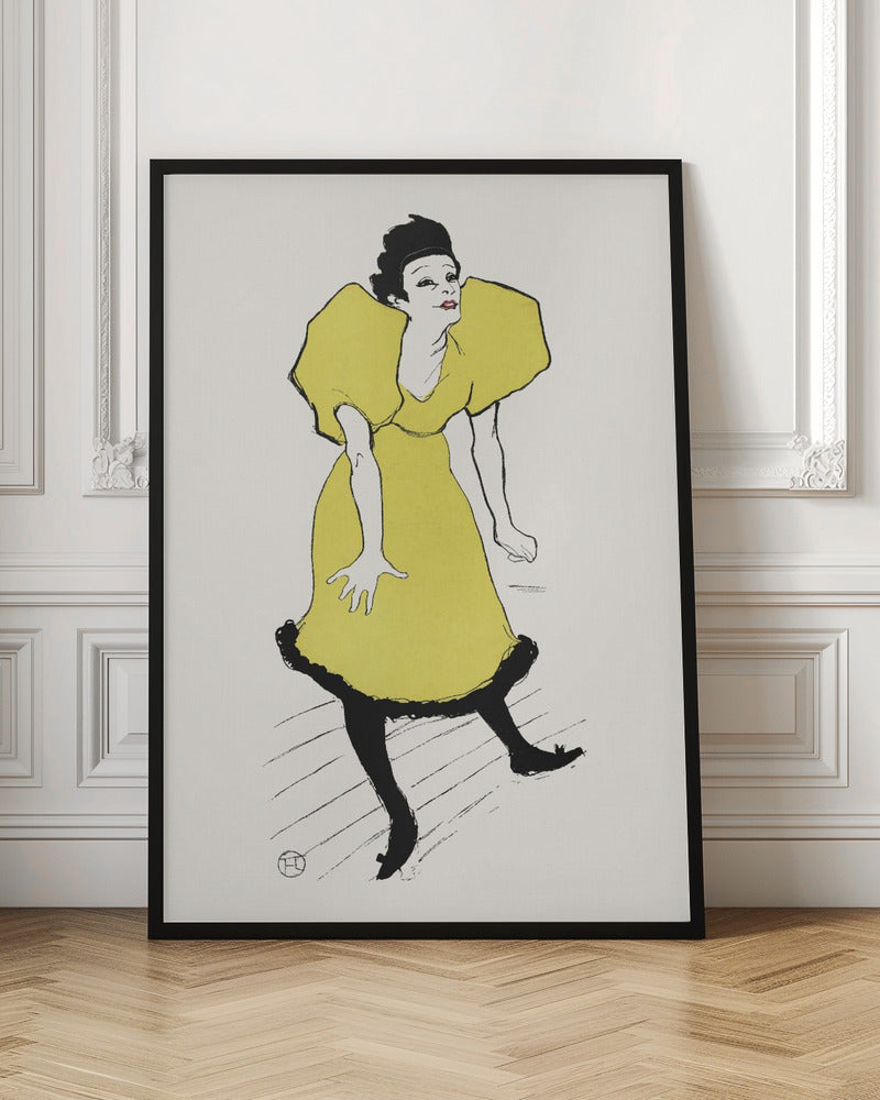 A vintage poster by Henri de Toulouse-Lautrec titled 'Yvette Guilbert', featuring a stylized illustration of the French singer. She is depicted wearing a bright yellow dress with voluminous puff sleeves and black stockings, leaning forward with a whimsical expression against a plain off-white background. The artwork is framed in black. Poster