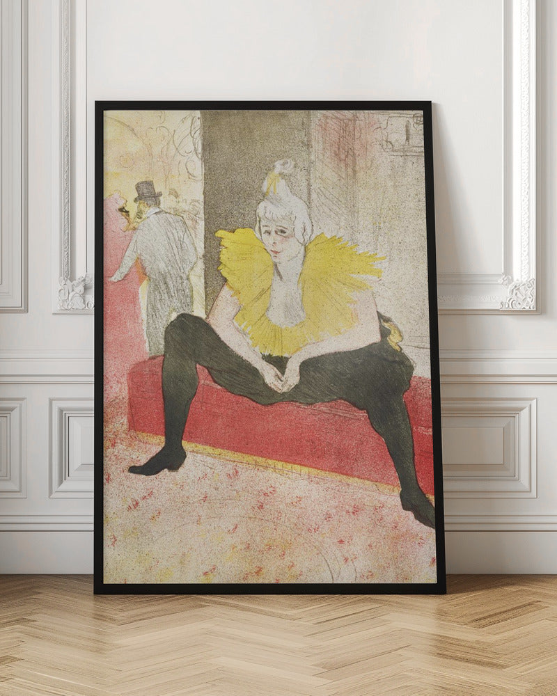 A vintage artwork by Henri de Toulouse-Lautrec featuring a female clown, Mademoiselle Cha-u-kao, seated on a red bench. She wears a vibrant yellow ruffled collar and black leggings, with a pensive expression on her face. The background depicts a bustling cabaret scene. Artwork