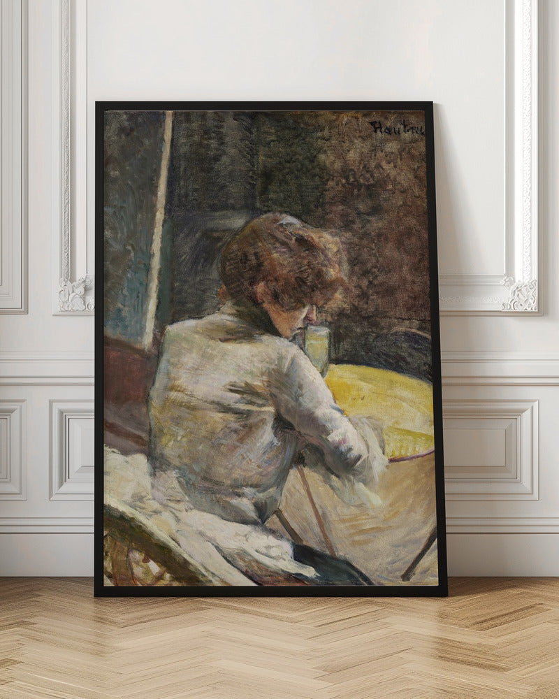 An oil painting in a Post-Impressionist style depicting a woman with reddish-brown hair, seen from behind. She is wearing a white blouse and is seated at a yellow table, leaning forward to look at her drink. The background is dark and textured, and the artist's signature is in the top right. Wall Art