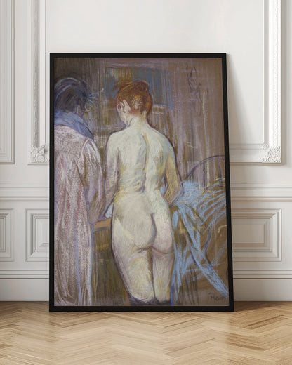 A pastel artwork by Henri de Toulouse-Lautrec, 'Rousse (La Toilette)', depicting a nude woman with red hair from the back. Beside her stands a clothed figure. The scene is rendered in soft, blended strokes of brown, beige, pink, and blue, creating an intimate, impressionistic atmosphere. Wall Art