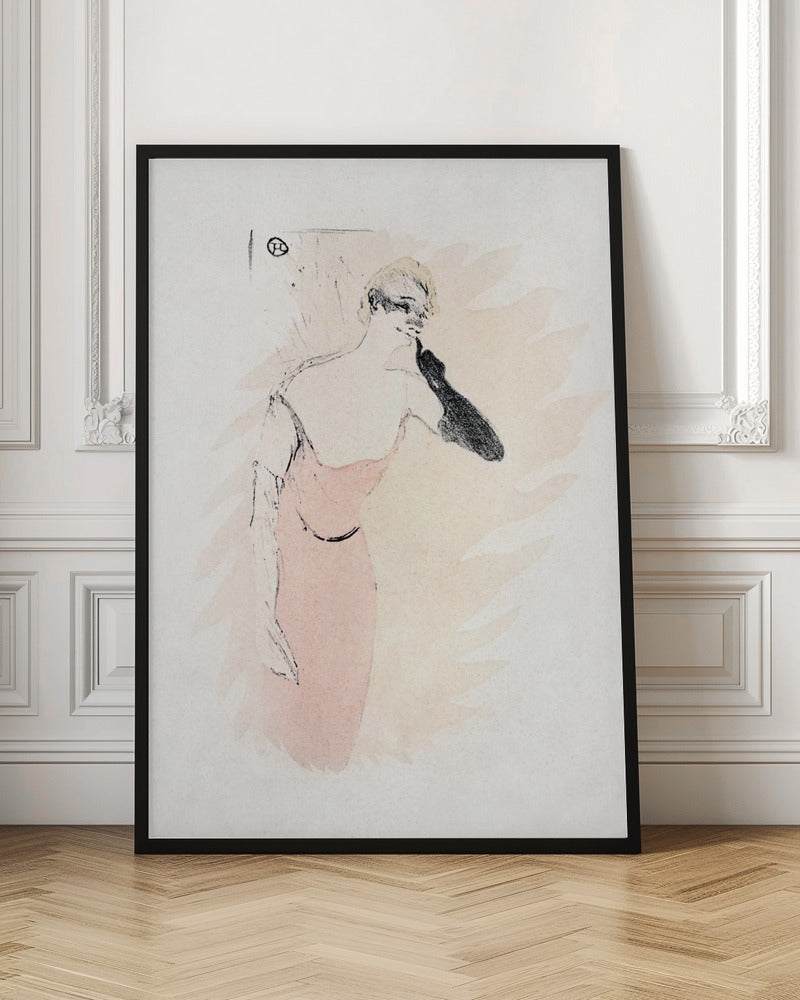 A vintage lithograph by Henri de Toulouse-Lautrec featuring a woman with blonde hair in a pink dress. She wears a long black glove on one arm, holding it up to her chin. The style is loose and sketchy with black outlines against a pale beige and off-white background. Wall Art