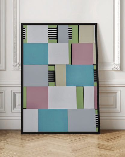 An abstract geometric artwork featuring a collage of rectangular blocks in pastel shades of blue, pink, grey, green, and white, with sections of black and white horizontal stripes, all enclosed in a thin black frame. Decor