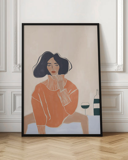 A stylized illustration of a woman with dark wavy hair and red lips, wearing an oversized orange turtleneck sweater. She sits at a light blue table, gazing forward with one hand near her chin. Beside her are a glass and a bottle of wine. The background is a solid cream color. Decor