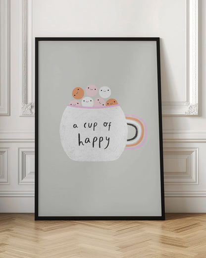 A cute art print of a white, textured mug on a light grey background. The mug is filled with smiling pink, white, and orange marshmallow-like characters. The phrase 'a cup of happy' is written on the front in a black handwritten font. The handle of the mug is decorated with rainbow stripes. Print
