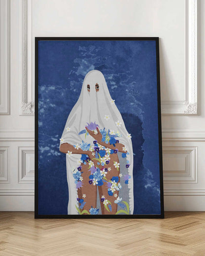 An illustration of a person with brown skin wearing a white ghost sheet against a deep blue, textured background. Their eyes peek through holes in the sheet, and their arms and legs are adorned with a cascade of blue, purple, and white flowers. Wall Art