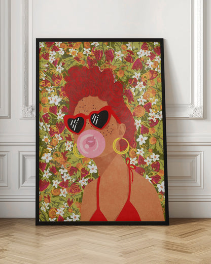 A vibrant pop art illustration of a woman with curly red hair, wearing red heart-shaped sunglasses and a matching bikini. She is blowing a pink bubblegum bubble against a busy background of strawberries and white flowers. Poster
