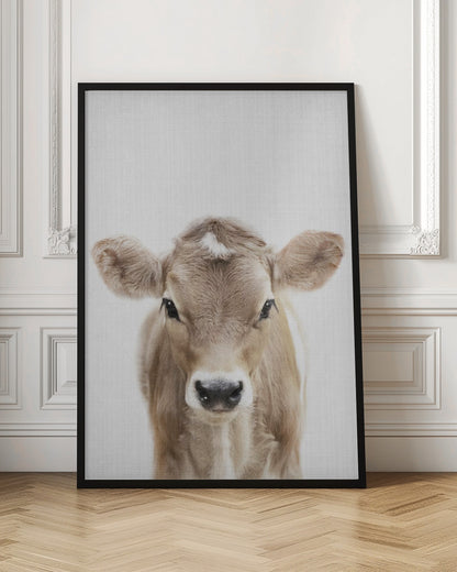 A close-up portrait of a light brown baby cow looking directly at the camera against a stark white background, enclosed in a simple black frame. Artwork
