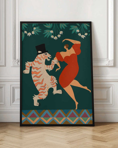 A whimsical illustration of a woman in a flowing red dress dancing with a cartoonish tiger wearing a black top hat. The background is a solid dark green with stylized white flowers and leaves at the top, and a colorful geometric pattern at the bottom. Artwork