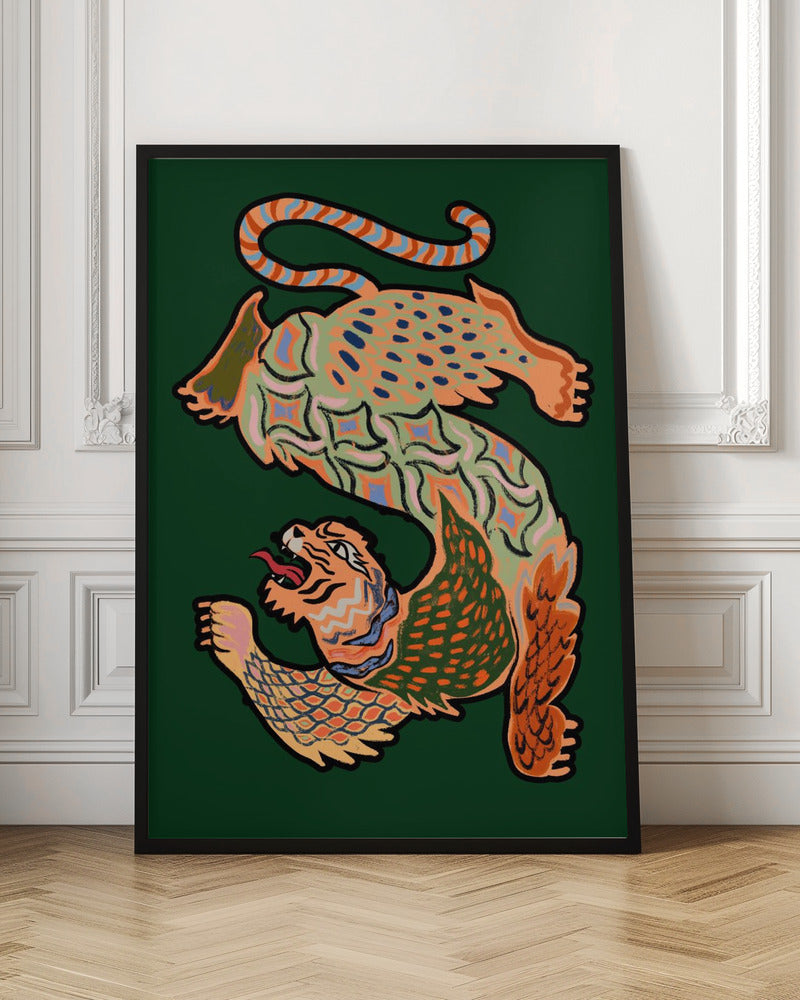 A vibrantly colored, stylized illustration of a winged, serpentine tiger forming the shape of the letter 'S' on a dark green background. The creature is decorated with intricate patterns in orange, green, and blue and has a roaring tiger head at its base. Print