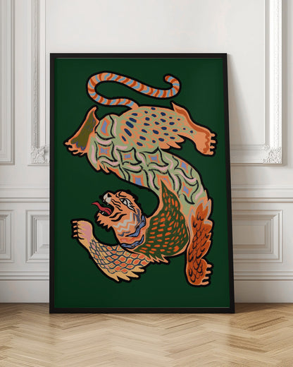 A vibrantly colored, stylized illustration of a winged, serpentine tiger forming the shape of the letter 'S' on a dark green background. The creature is decorated with intricate patterns in orange, green, and blue and has a roaring tiger head at its base. Print