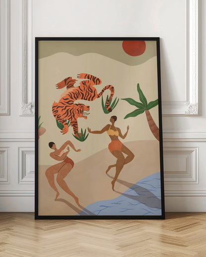 A modern, stylized illustration of a beach scene featuring a large, leaping orange tiger with black stripes. Two dark-skinned women in bikinis dance on the sand near a palm tree and blue water, under a red sun. Print