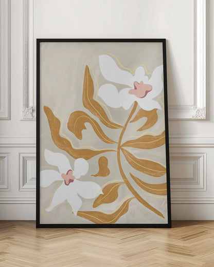 A modern, stylized illustration of two large white flowers with pink centers and numerous ochre-brown leaves on a textured, light beige background, enclosed in a black frame. Poster
