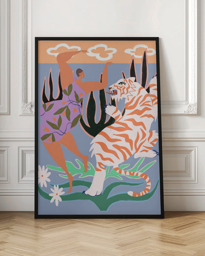 A stylized, colorful illustration depicting a woman in a purple, leaf-patterned dress dancing joyfully with a fierce white and orange tiger in a whimsical jungle setting. The background is light blue with large dark plants, and a peach-colored sky with white clouds is visible at the top. Decor