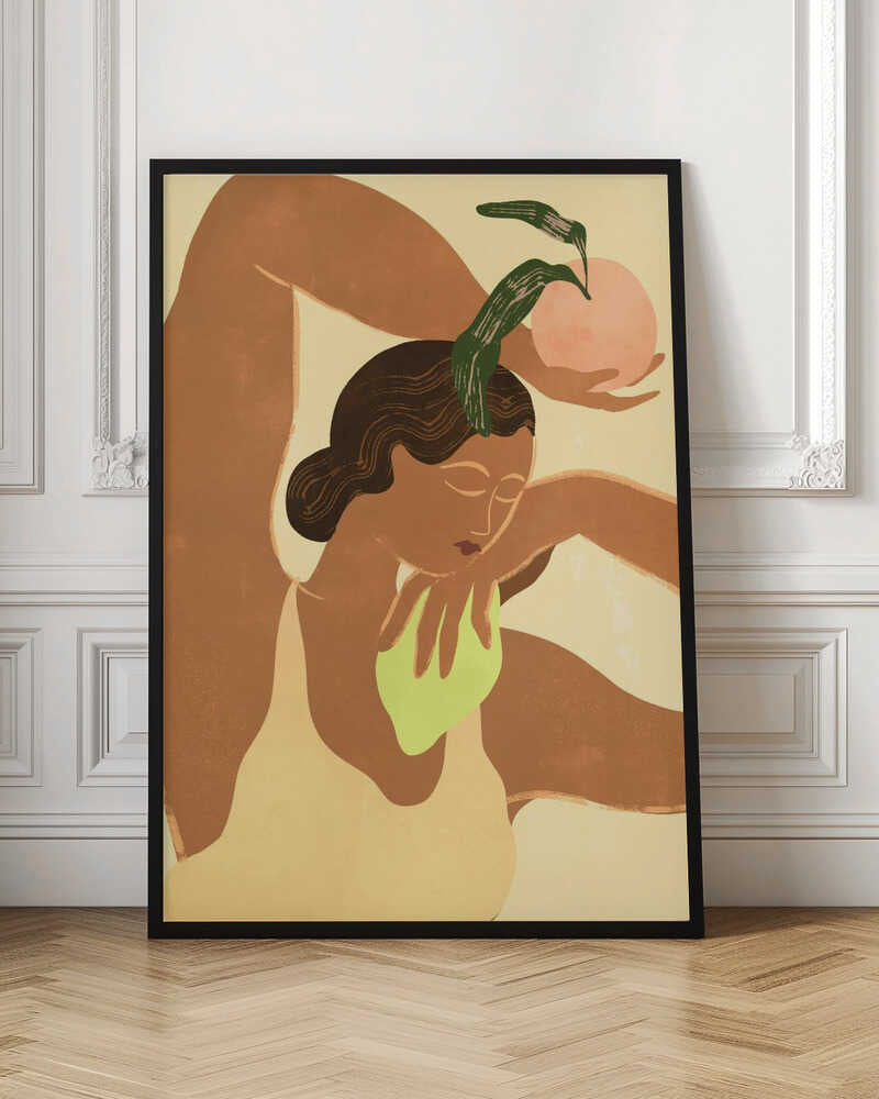 A modern, stylized illustration of a woman with brown skin in a flexible pose, with one leg bent over her head. She holds a pink fruit with green leaves in one hand, while the other rests on her chest. The background is a soft, pale yellow. Decor