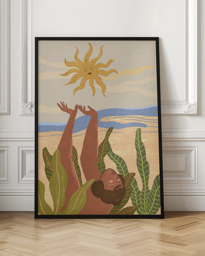 An art print titled 'Sun Worship' depicting a stylized sun, possibly with abstract or spiritual elements, in warm tones. Decor
