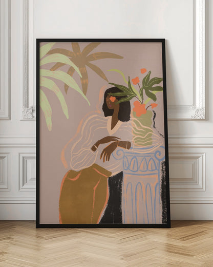 A stylized illustration of a Black woman with an orange flower over one eye, wearing a sheer white blouse and brown skirt, leaning against a classical column holding a vase of flowers, surrounded by tropical leaves against a muted pink background. Print