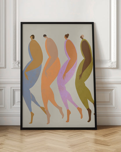 A modern, minimalist illustration of four elongated, stylized human figures walking in a line. Each figure is depicted in profile using a unique, vibrant color palette of blue, orange, purple, and olive green, set against a neutral beige background within a black frame. Artwork