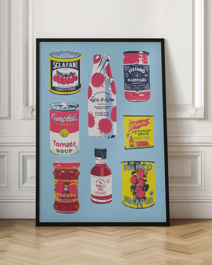 An illustrated art print featuring nine different vintage-style tomato products arranged in a grid on a light blue background. Products include Campbell's Tomato Soup, Sclafani Tomato Puree, and various other sauces, oils, and canned tomatoes. Artwork